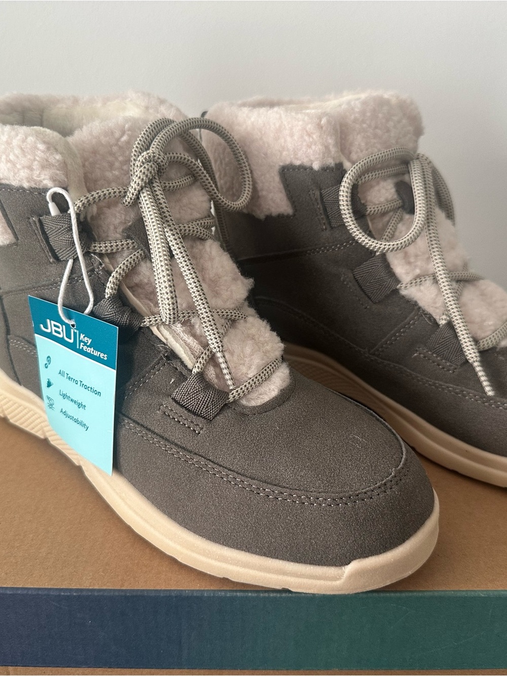 Jambu Women’s Gray Suede-Look Winter Boots with Cream Faux Fur